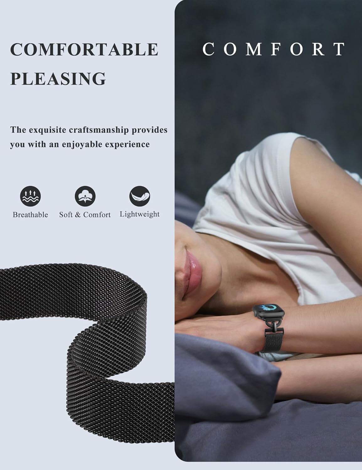 Stainless Steel Magnetic Loop Compatible with Apple Watch Band 38mm 40mm 41mm 42mm Women Metal Mesh D-shaped Clasp Strap for iWatch SE Series 10/9/8/7/6/5/4/3/2/1/Ultra(1/2) Black - Image 8