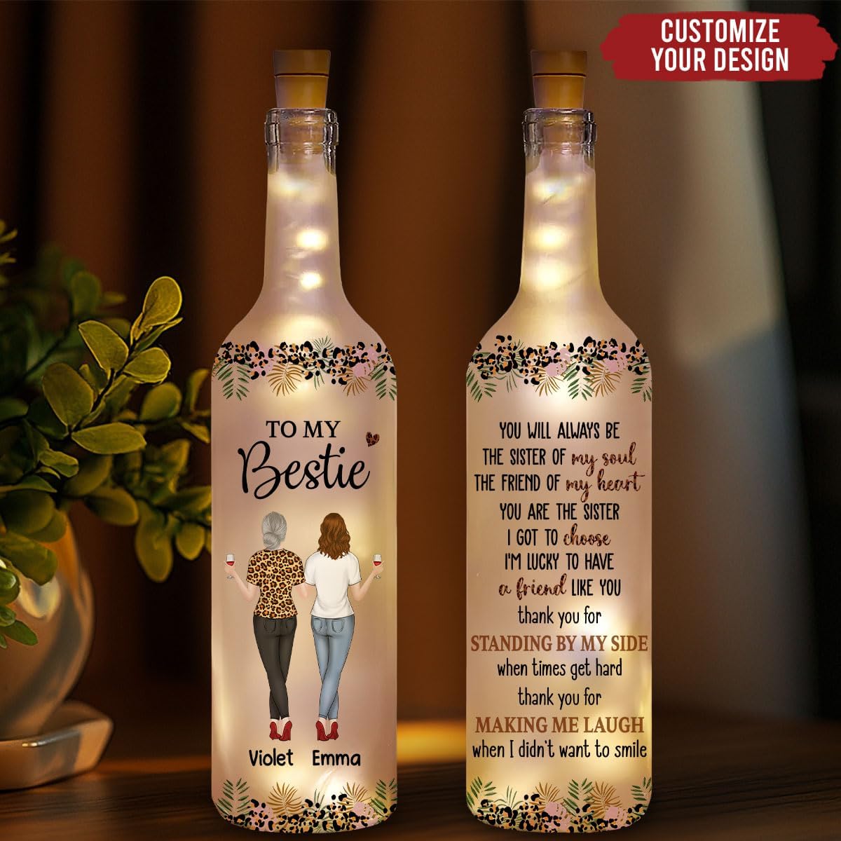 Wrappiness Personalized Bottle Lamp to My Besties - You are My Soul Sister LED Lighting Gift for BFF, Soul Sister, Best Friend, Perfect for Birthday, Christmas, or Friendship Anniversary