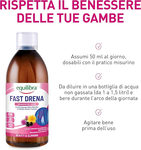 equilibra Integratori Alimentari, Fast Drena, Integratore a Base di Estratti Vegetali, per il Drenaggio dei Liquidi, la Funzionalità delle Vie Urinarie e del Fegato, da Diluire, Gusto Lime, 500 ml - 5