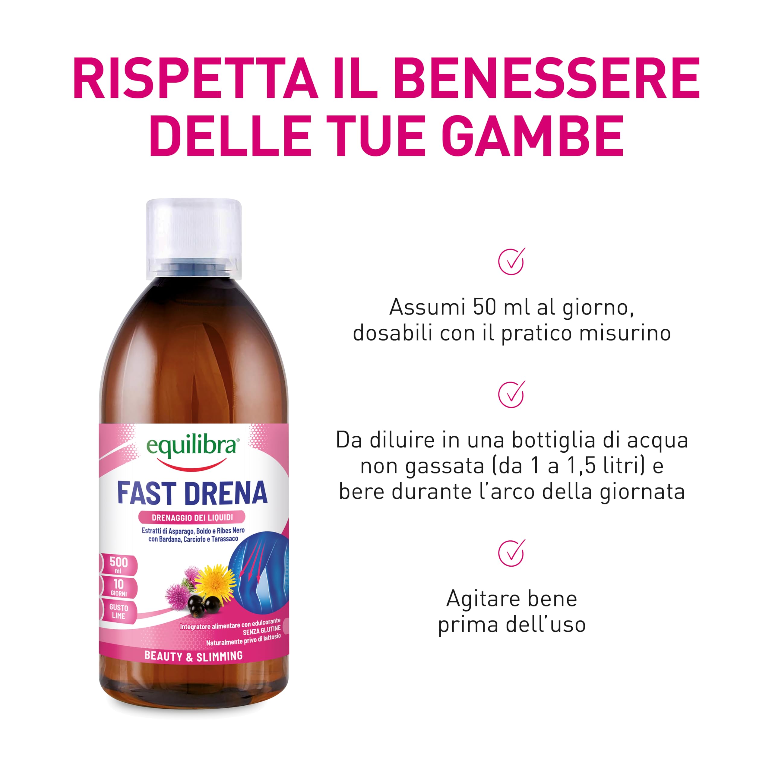 equilibra Integratori Alimentari, Fast Drena, Integratore a Base di Estratti Vegetali, per il Drenaggio dei Liquidi, la Funzionalità delle Vie Urinarie e del Fegato, da Diluire, Gusto Lime, 500 ml