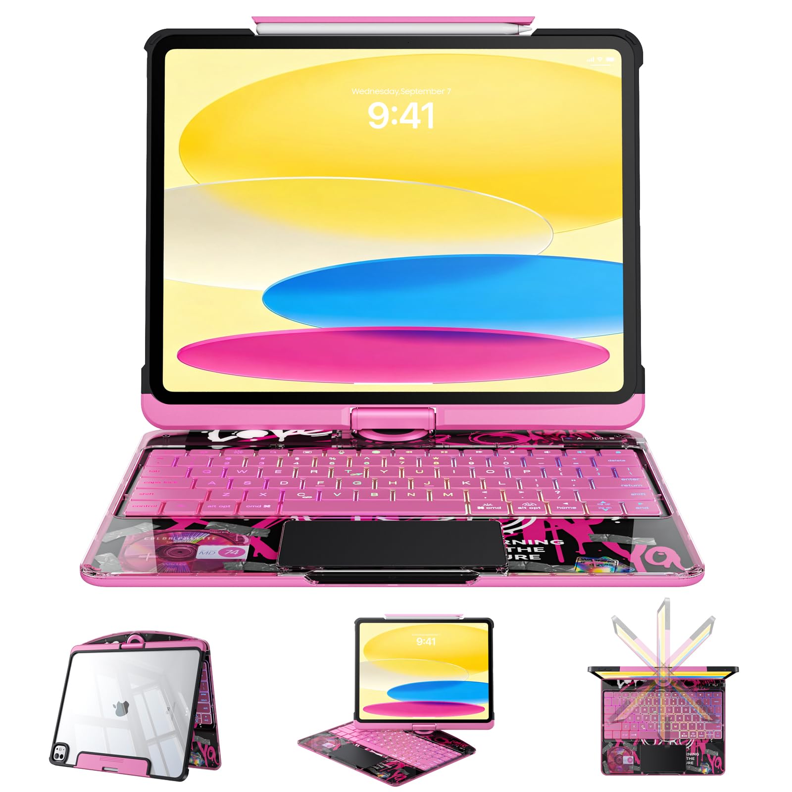 Clear Case with Keyboard for 10.9" iPad 10th Generation &amp; 11" A16 (11th) Case with Keyboard, 360°+180° Rotating iPad Keyboard, LCD Display, Pencil Holder, 7-Color Backlit, Trackpad, Pink