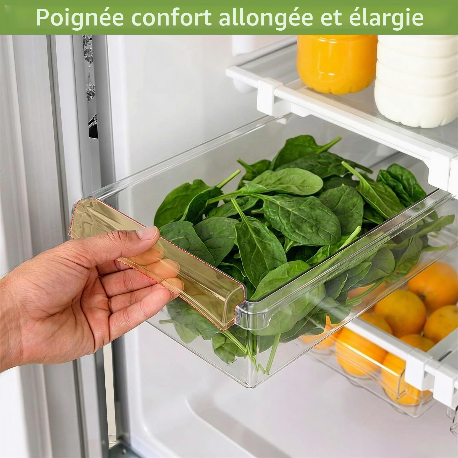 2PCS Organisateur Frigo Tiroir Coulissant Universel - Boîte De Rangement Réfrigérateur Extensible & Transparente - Bac Suspendu Pour Fruits, Légumes - Gain De Place & Installation Facile (Sans BPA)