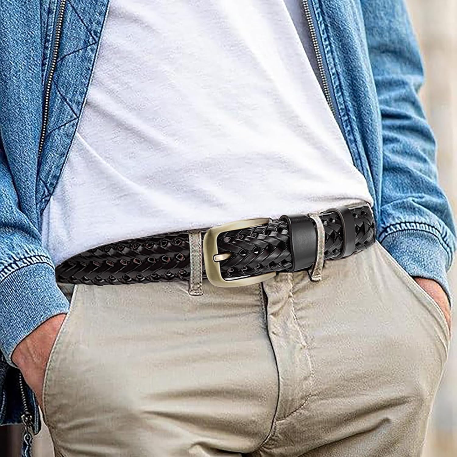 Genuine Leather Braided Belts for Men, 1 3/8" Casual Woven Belt, Jeans Golf Dress Pants, Gift Box - Image 3