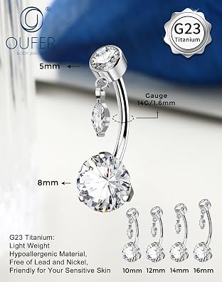 OUFER Body Piercing Titanium Belly Bars Internally Navel Piercing Jewelry 14G Belly Button Bars Ring 10/12/14/16mm Navel Bars Curved Barbell Body Piercing Jewellery Women Girls