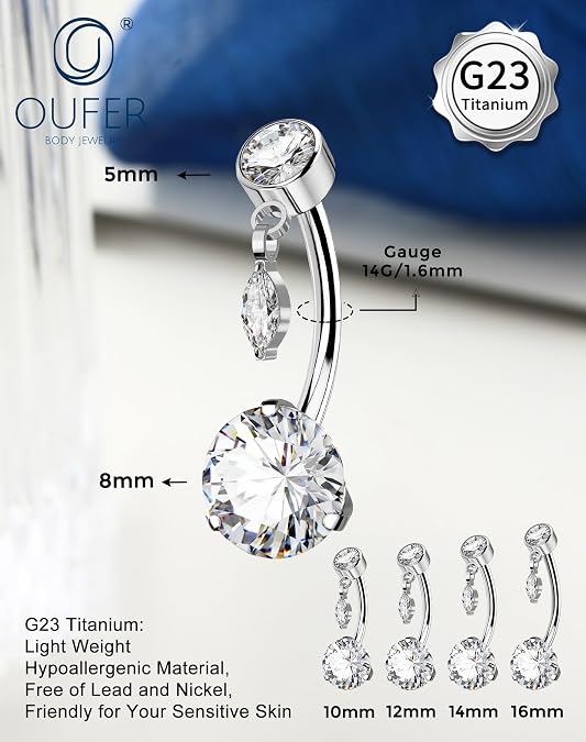 OUFER Body Piercing Titanium Belly Bars Internally Navel Piercing Jewelry 14G Belly Button Bars Ring 10/12/14/16mm Navel Bars Curved Barbell Body Piercing Jewellery Women Girls