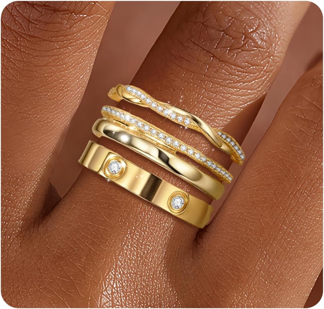 Stackable Rings for Women Non Tarnish 14k Gold Plated Rings Twist Gold Ring Stack Cubic Zirconia Ring Set Dainty Trendy Minimalist Statement Layered Bands Size 5-10