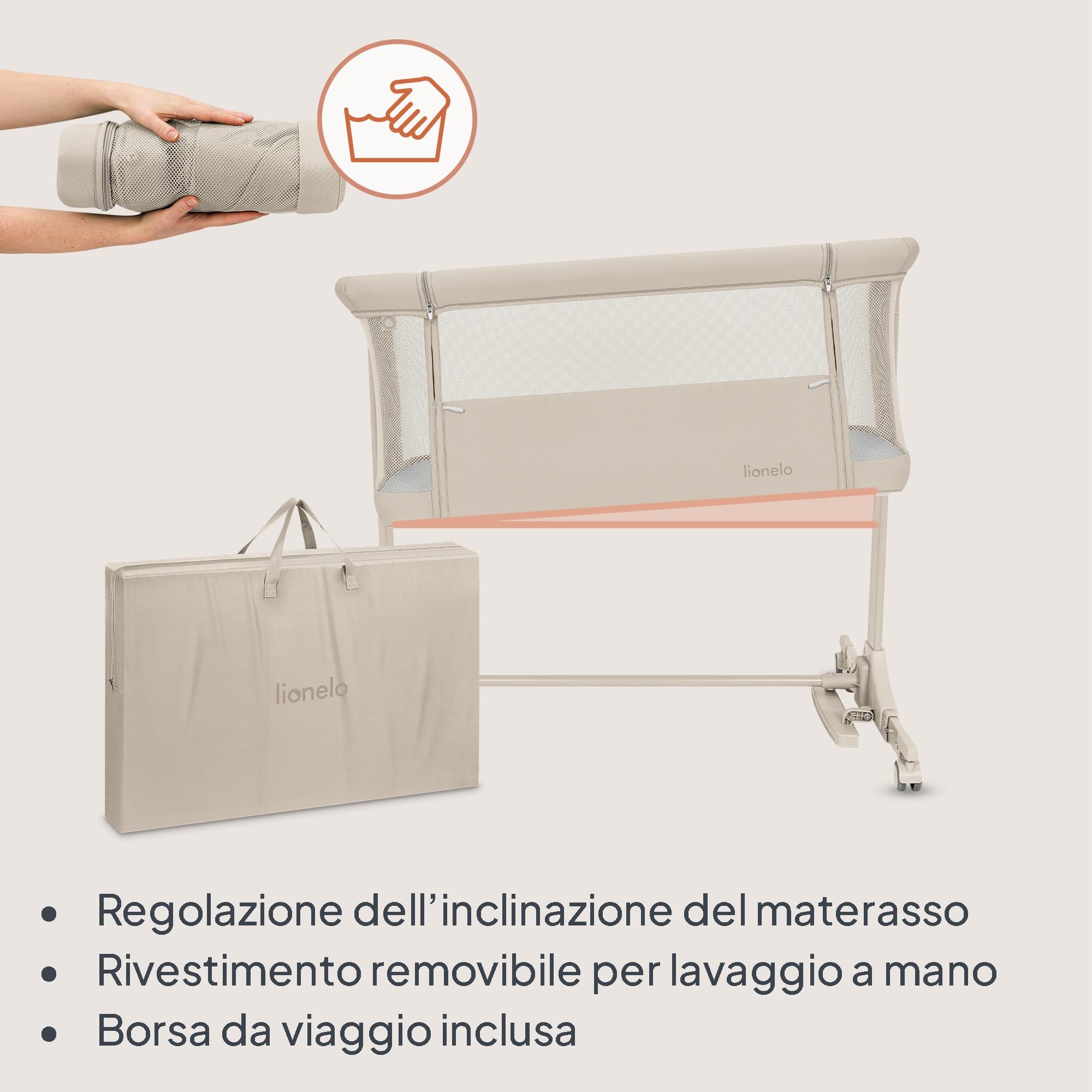 lionelo PARI Culla Co Sleeping Fianco Letto 3 in 1, Regolabile in Altezza 6 Livelli, Materasso T25 2 cm, Ruote con Blocco e Dondolo, Gambe Regolabili per Letto Continentale, Rivestimento Lavabile