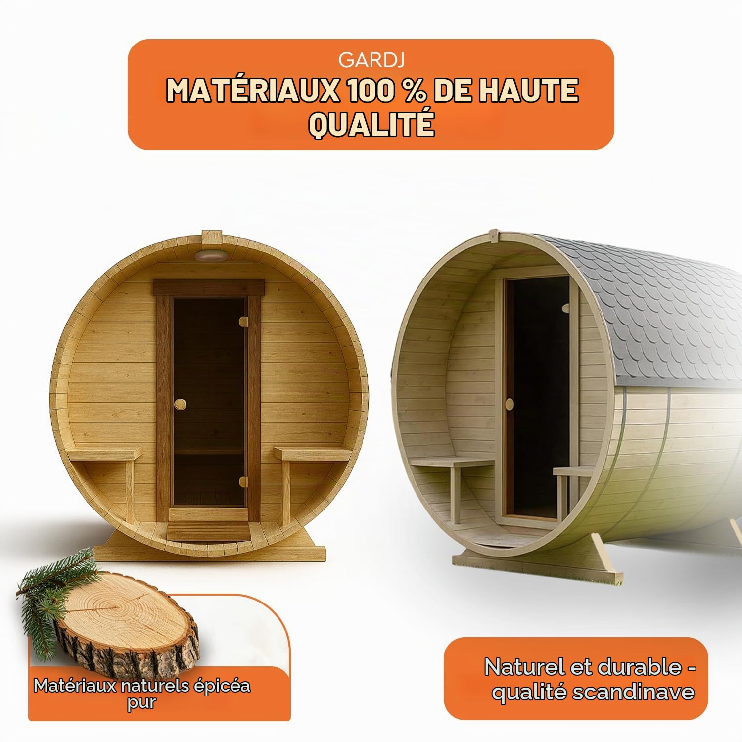 Fasssauna de jardin pour extérieur en épicéa nordique – Différentes tailles (2–6 personnes) – Choix entre four en bois ou électrique – Kit d'accessoires inclus (240 cm, Ronde, Four électrique)