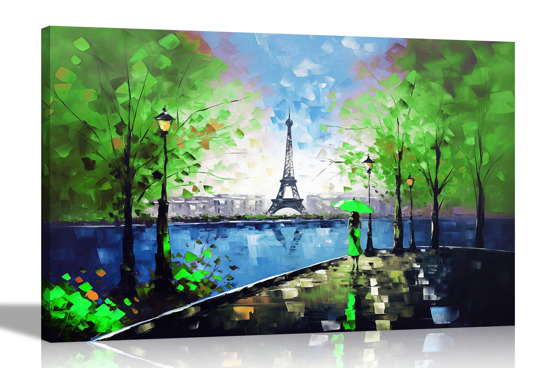 Artley Prints Green - Alone In Paris Extra Large Colourful Canvas Pictures For Walls - Art For Living Room Abstract City Prints 101 X 76Cm (40 X 30 Inches)