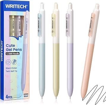 WRITECH Gel Pens Fine Point 0.5mm Black Silent Click Needle Tip 4ct