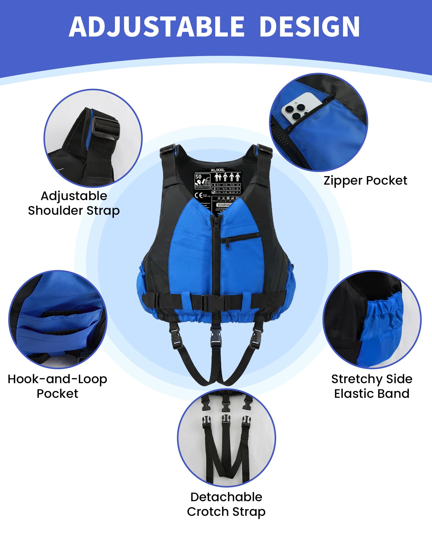 Owntop Adult Buoyancy Aid Adjustable 50N Unisex Swimming Vest with Pockets Swimming Jacket for SUP Kayak Fishing Canoe Sailing - 3