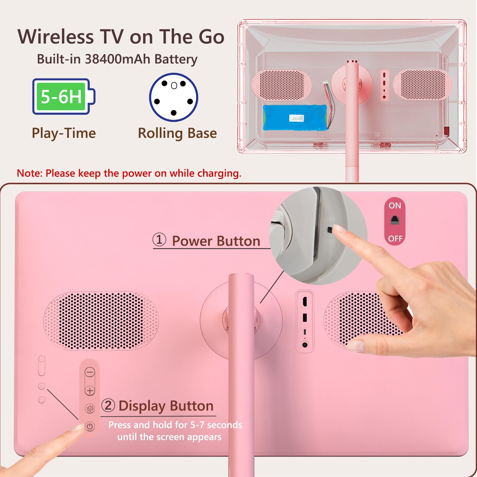 OFD TV portatile da 32 pollici su ruote FHD, Android 15, certificato EDLA, Rolling TV con 8+128GB ROM, monitor touch screen portatile, batteria incorporata 6-8H tempo di riproduzione, telecomando