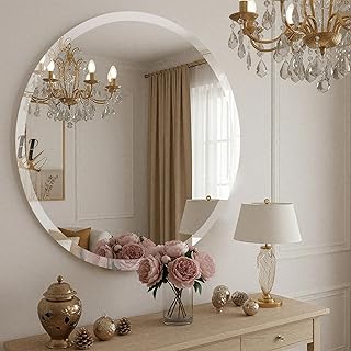 30 Inch Round Frameless Bathroom Mirror, Beveled Round Mirror, Circle Va...
