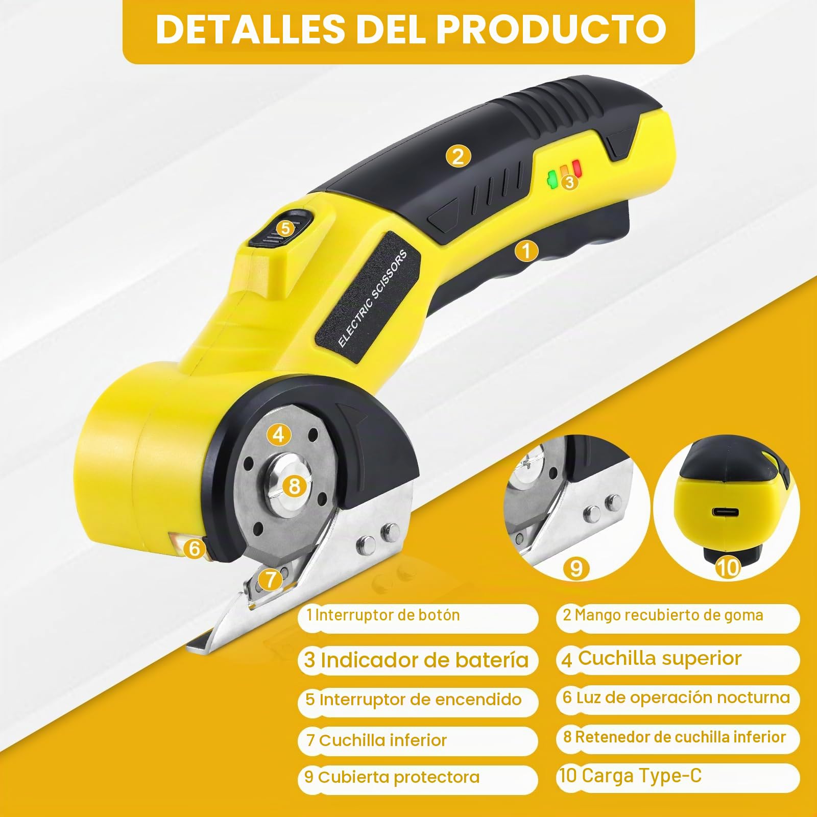 Tijeras Eléctricas Inalámbrico, Cúter Rotativo Eléctrico con Bloqueo de Seguridad, Tijeras Electricas Carton, Herramienta de Corte 4V Cortador de Cartón Recargable para Tela Alfombra Cuero