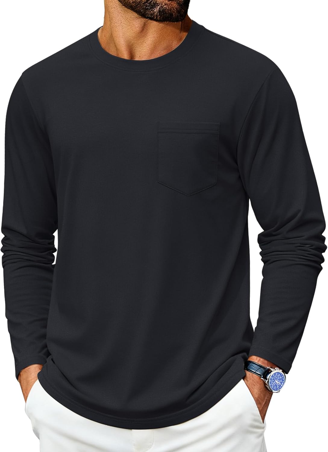 Men's Long Sleeve Shirts Cotton Crew Neck Pocket T Shirts for Men Casual Breathable Comfortable Tee Shirts