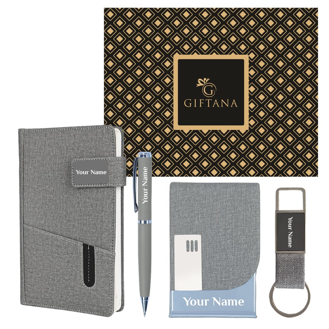 Giftana 4 in 1 Personalized Diary with Pen, Card Holder And Keychain Gift Set for Men and Women, Customized Jute Cover Pu Leather Diaries Set, New Year Corporate Gift for Employee (Grey)
