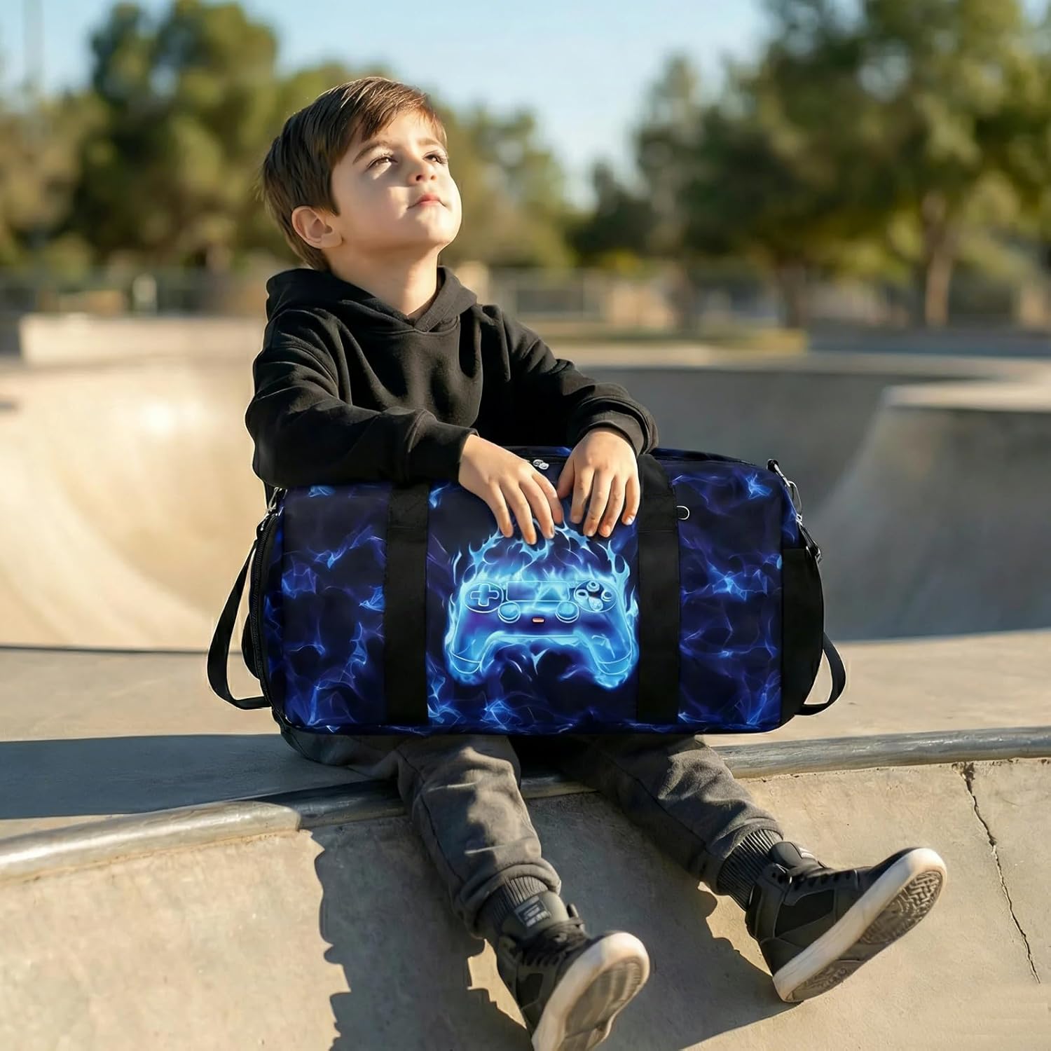 Duffle Bag for Boys Sport Gym Bag with Wet Pocket Shoes Compartment for Teen Boys Luminous Blue Flame Game Travel Bag Dance Bag