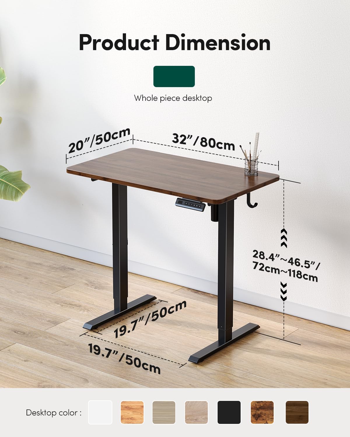 FEZIBO One-Piece Standing Desk Adjustable Height Stand up Home Office Desk, 32x20 Inch Electric Standing Computer Desk, with 4 Memory Presets, Headphone Hook, Black Walnut