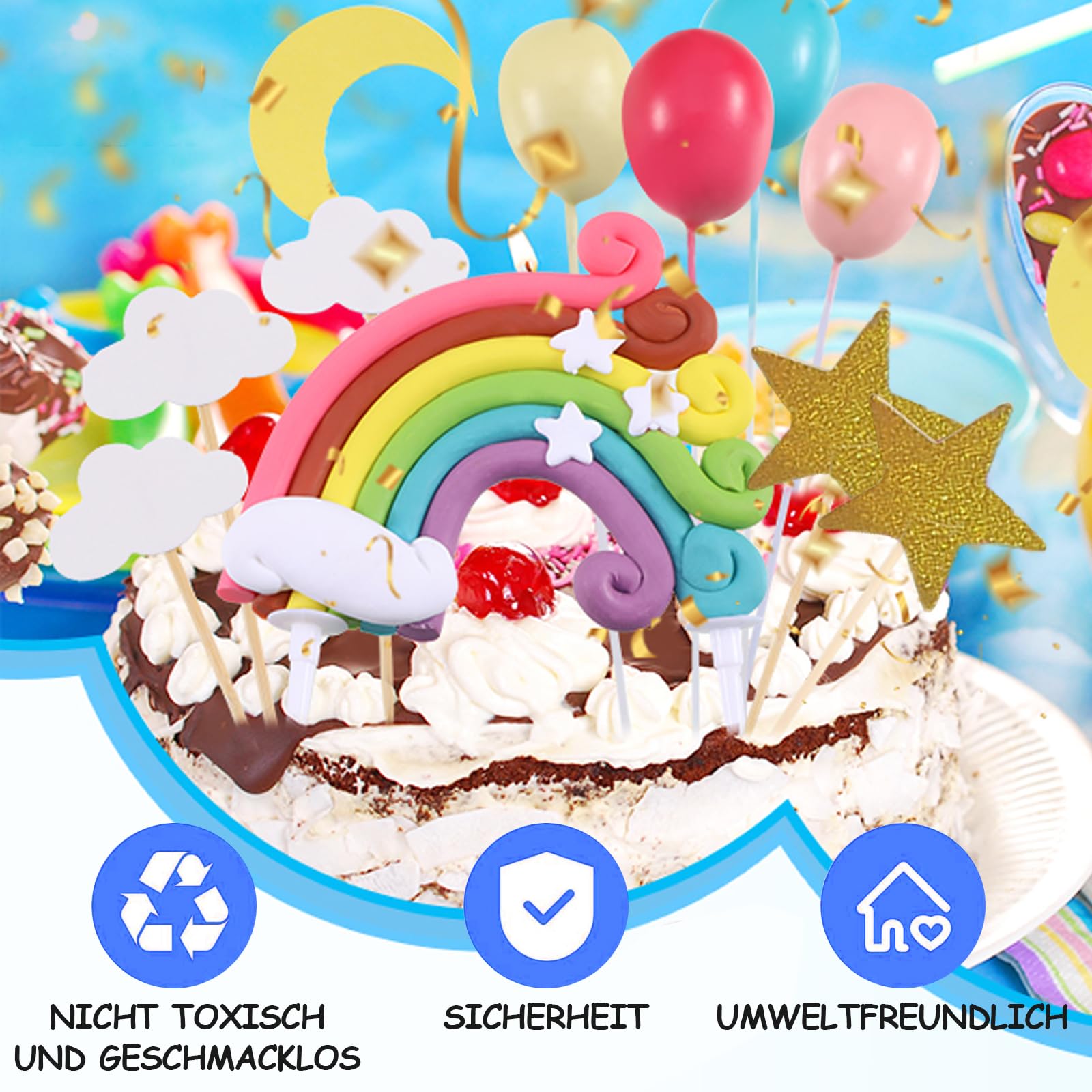 Decorazione Torta Compleanno - Set Arcobaleno, Palloncini E Nuvole Per Torte Bambini, Non Commestibile