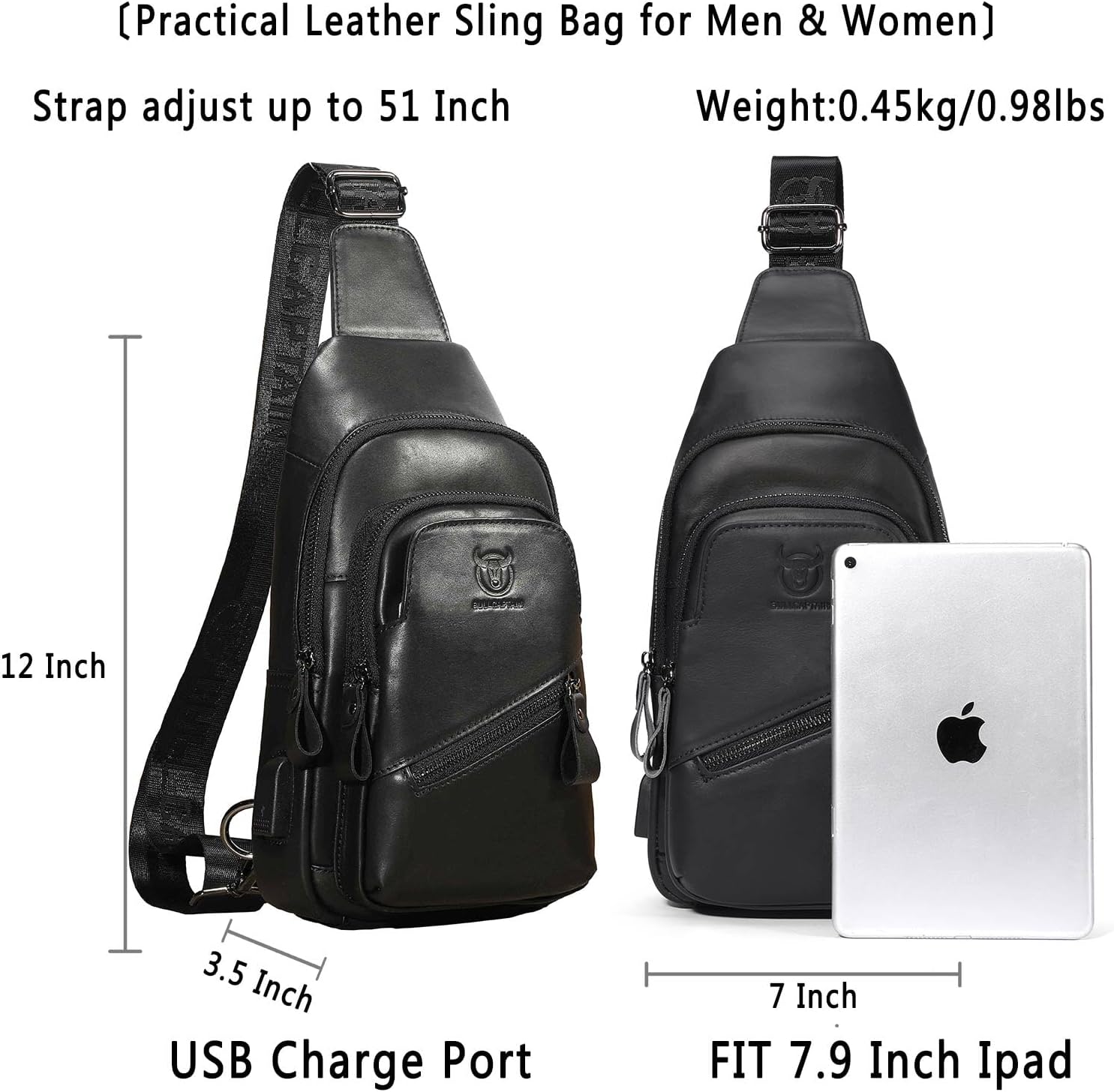 Leather Sling Bag for Men Crossbody Backpack with USB Charging Port Casual Daypack for Hiking Shoulder & Chest Bag Purse (Black) - Image 2