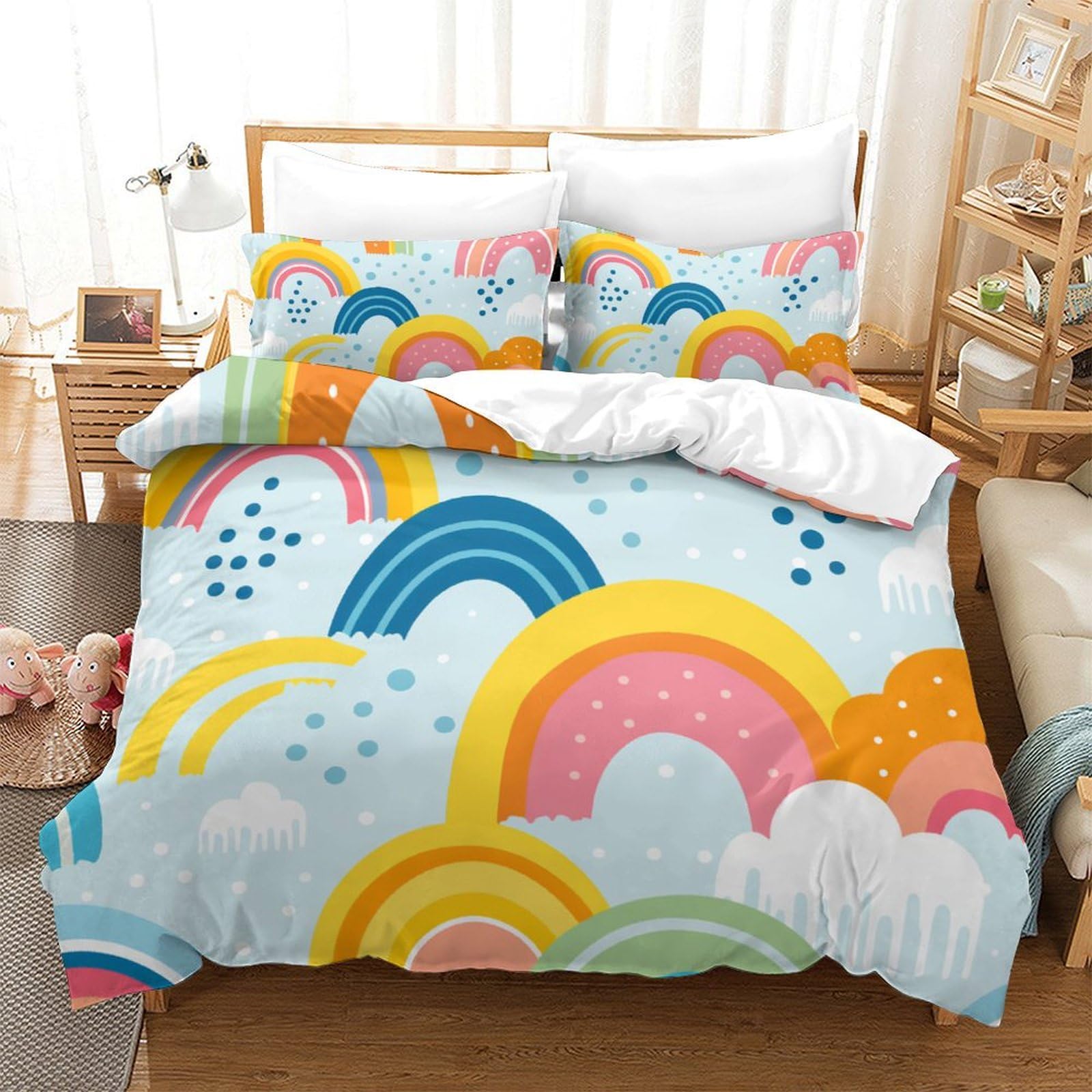 Parure de lit arc-en-ciel infroissable en microfibre douce avec zip pour lit double 260x220