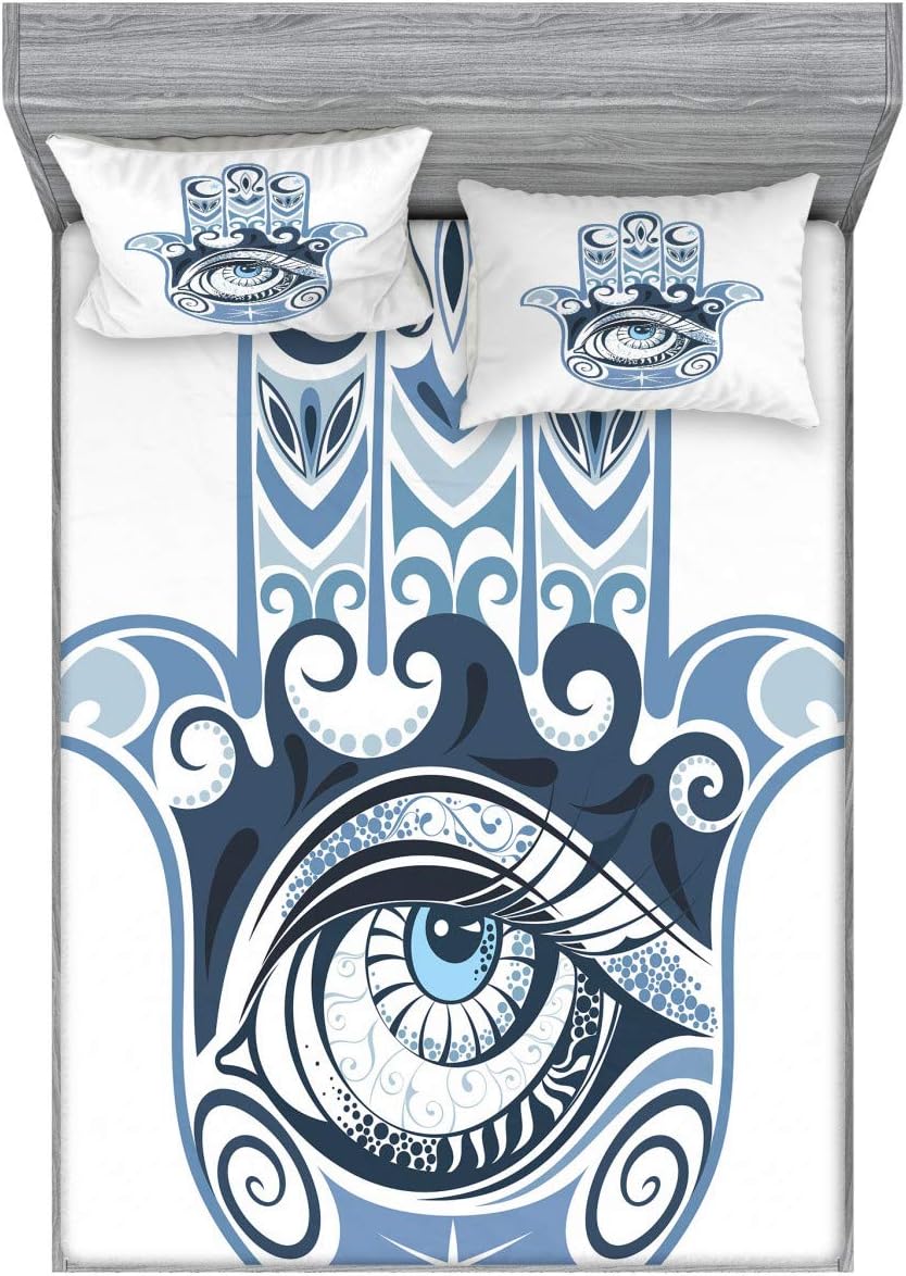 Ambesonne Evil Eye Fitted Sheet & Pillow Sham Set, Cultural Luck Piece Hand Drawn Superstitious, Decorative Printed 3 Piece Bedding Decor Set, Queen, Dark Blue Pale Blue
