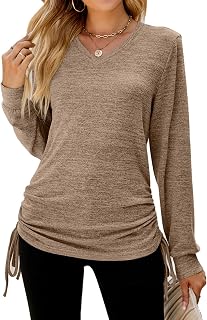 Tops Laterales con Cordón, Color, Manga Larga, Cuello en V, Elegantes, Informales, Suaves, Elegantes, Tops de Otoño para Mujer para Trabajo de Oficina