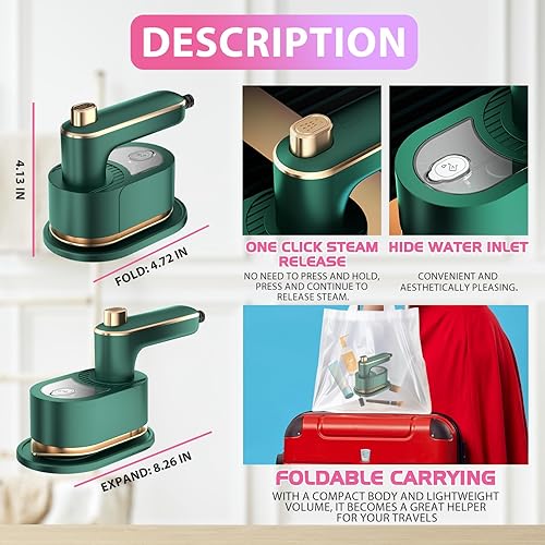 Miniatura 6 de Mini plancha de viaje para ropa, plancha portátil de mano a vapor con planchado seco y húmedo para ropa de negocios en el hogar (verde)