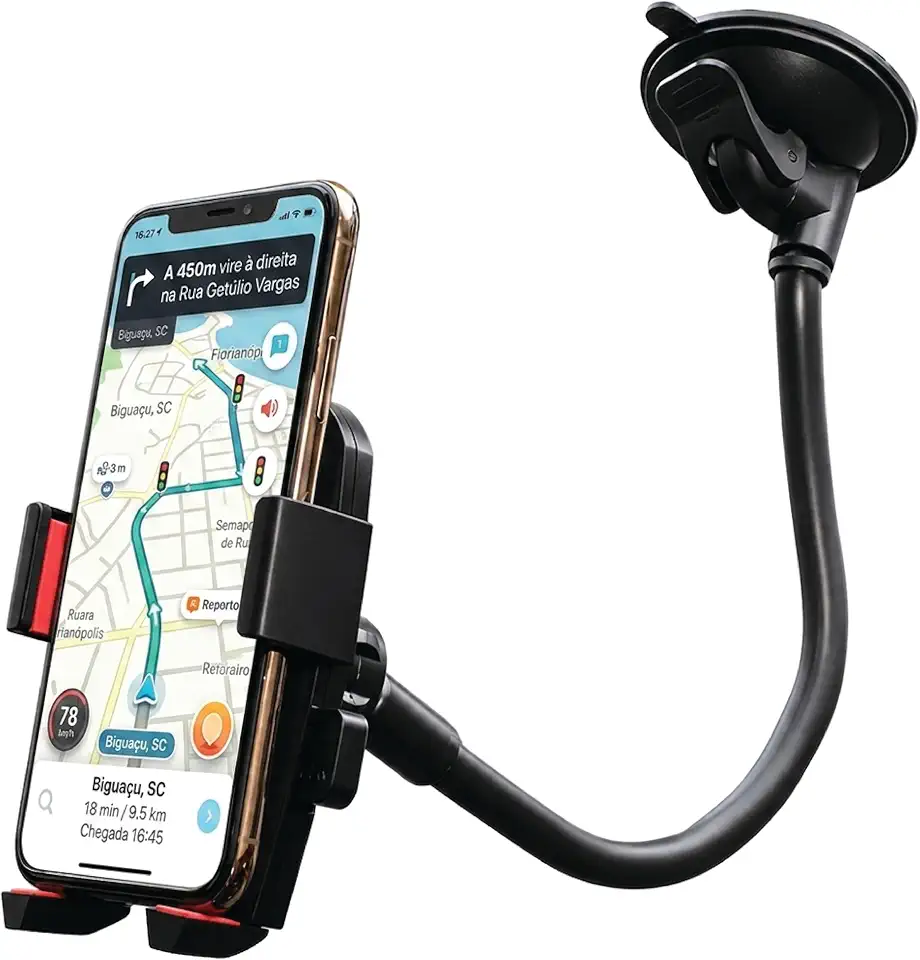 Suporte Celular para Carro com Ventosa Reforçada, Trava Automática, Rotação 360°, Braço Flexível Ajustável, Fixação no Painel ou Para-brisa, Compatível com iPhone e Android.