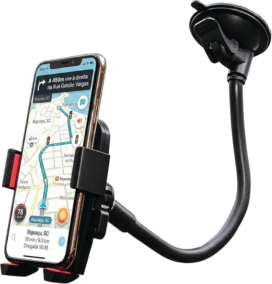 Suporte Celular para Carro com Ventosa Reforçada, Trava Automática, Rotação 360°, Braço Flexível Ajustável, Fixação no Painel ou Para-brisa, Compatível com iPhone e Android.