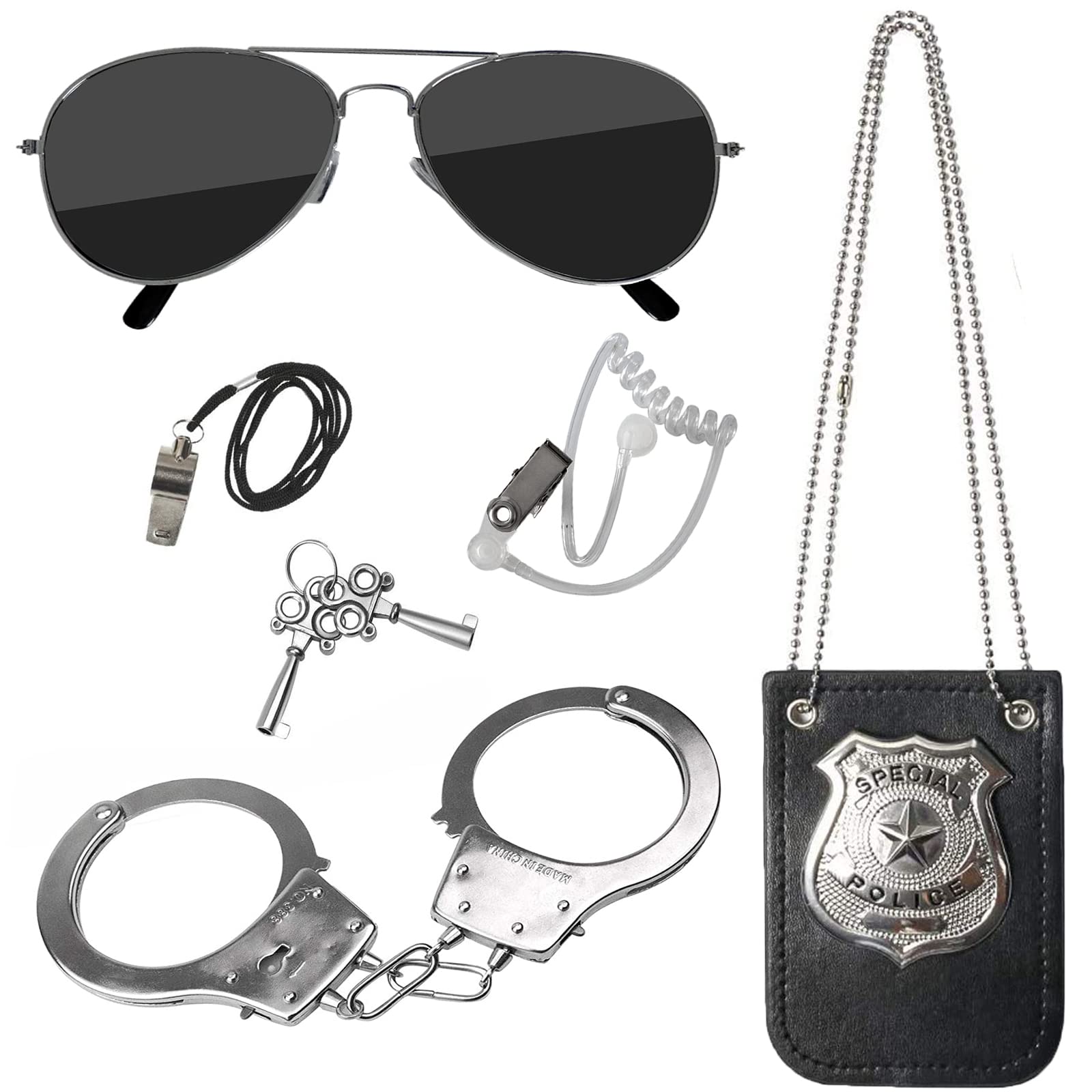 Hifot 5 Pcs Police Accessories for Kids - Officer Sunglasses, Whistle, Metal Handcuffs With Key, Badge Costume Set for Pretend Play, Dress Up, Birthday Party Favor Supplies