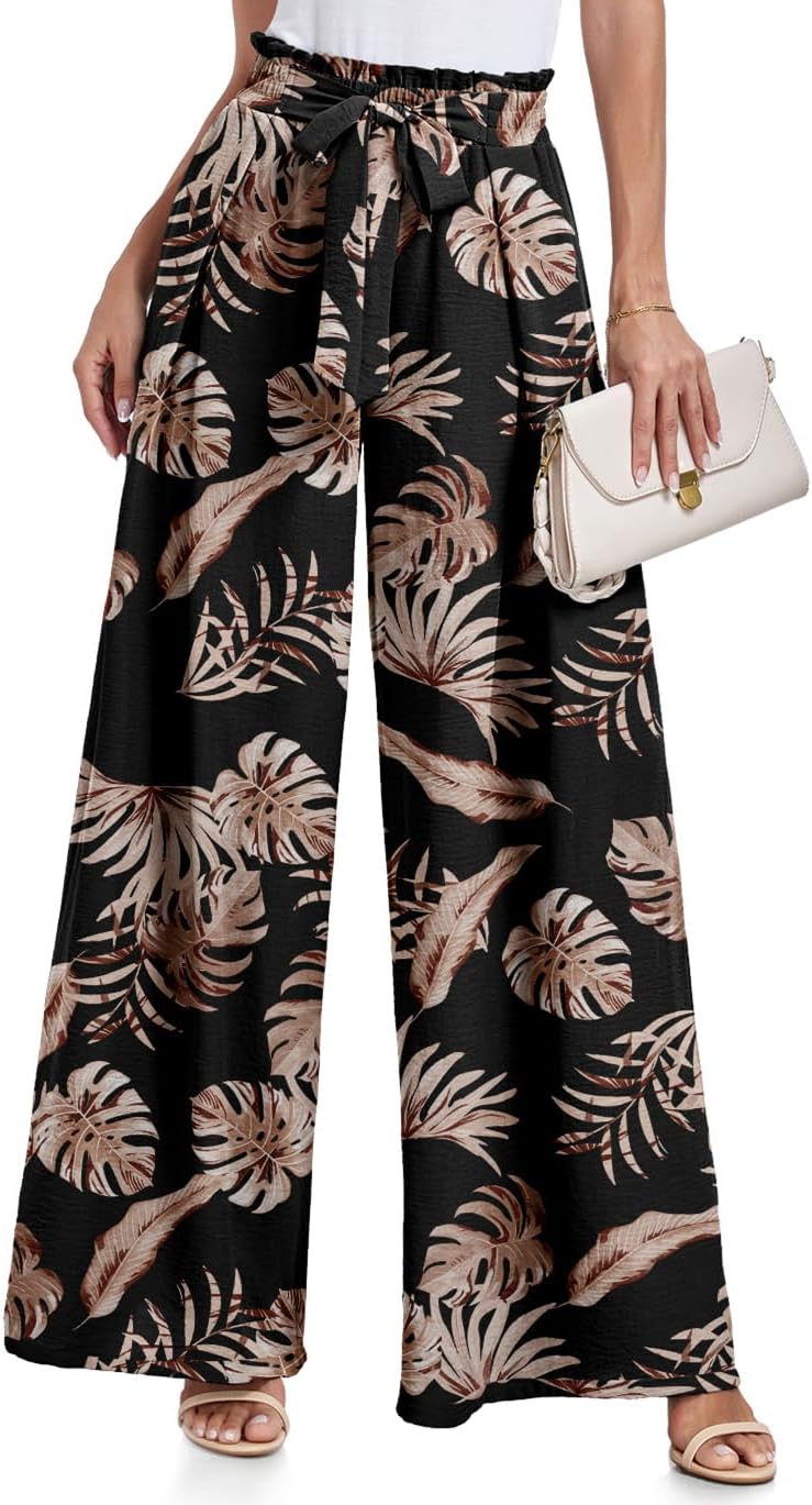 Lepunuo Wide Leg Pants for Women High Waisted Palazzo Pants Work Casual Flowy Tie Knot Trousers with Pockets