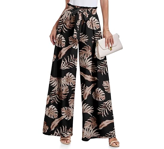 Lepunuo Wide Leg Pants for Women High Waisted Palazzo Pants Work Casual Flowy Tie Knot Trousers with Pockets - Leaf Print - Black - Medium