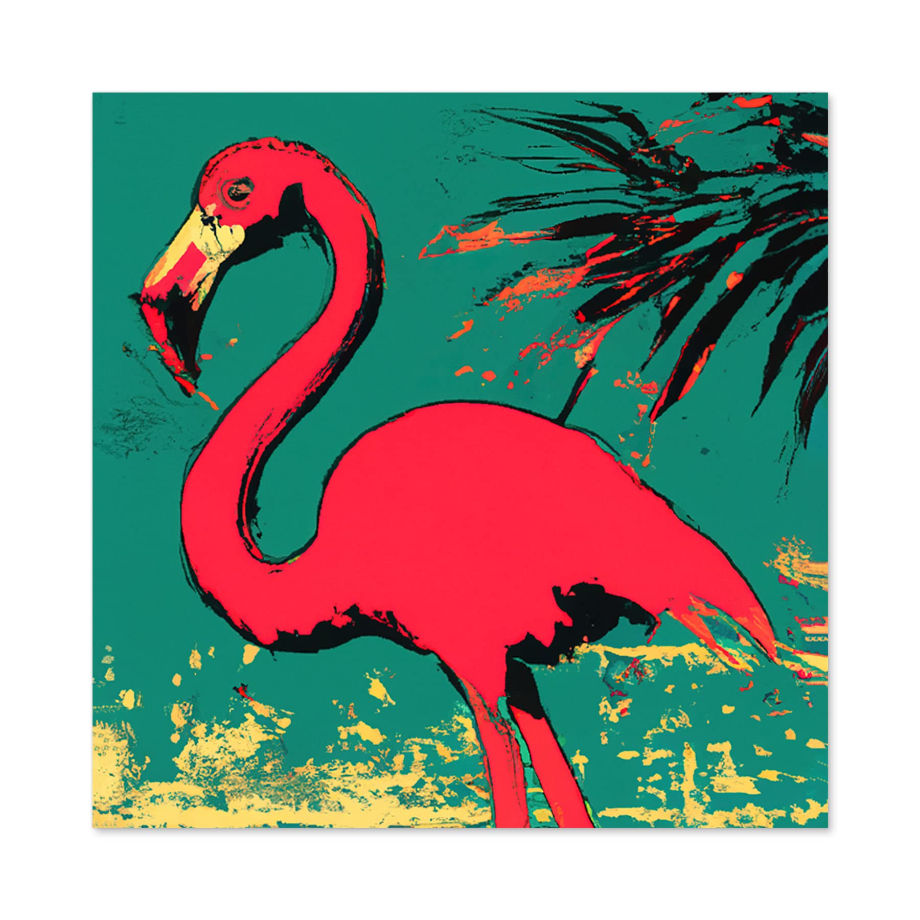 Artery8 Red Teal Oil Painting Flamingo Bird Tropical Large Wall Art Poster Print Thick Paper 24X24 Inch