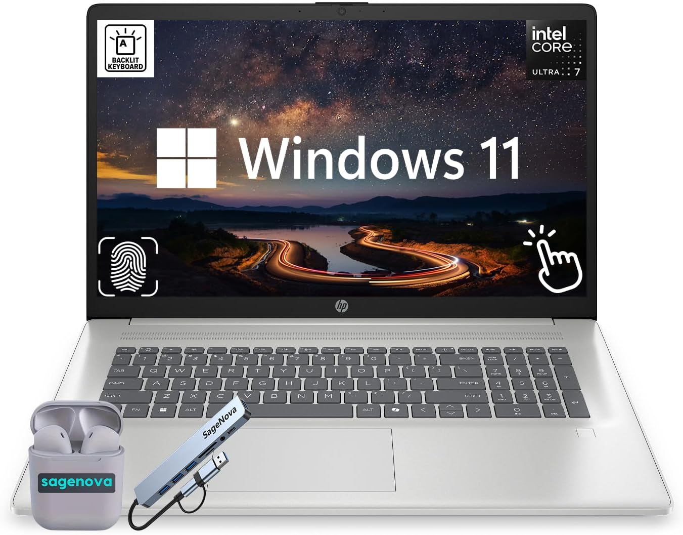 HP 17.3" Touchscreen Laptop, Intel Core Ultra 7 255U (12-Core, Up to 5.2Ghz), 40GB DDR5 RAM 2.5TB Storage (2TB SSD+512GB SageNova Docking Station), Backlit KB, Fingerprint Reader, Windows 11, Silver
