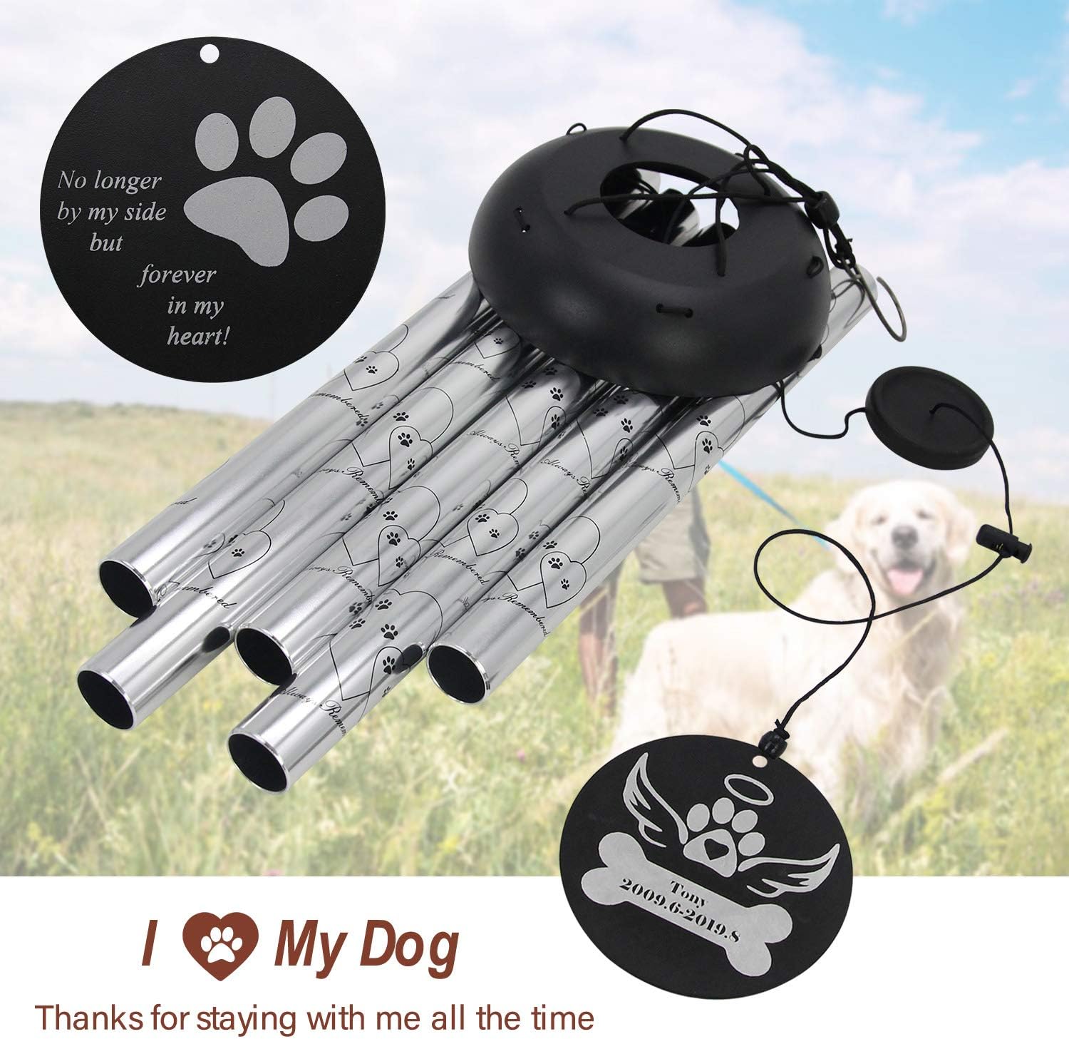 Personalized Pet Memorial Wind Chime, Loss of Dog Wind Chimes Outdoor Sympathy, 30 Inches Paw Print Pet Remembrance Gift to Honor and Remember a Dog, Cat, or Other Pet