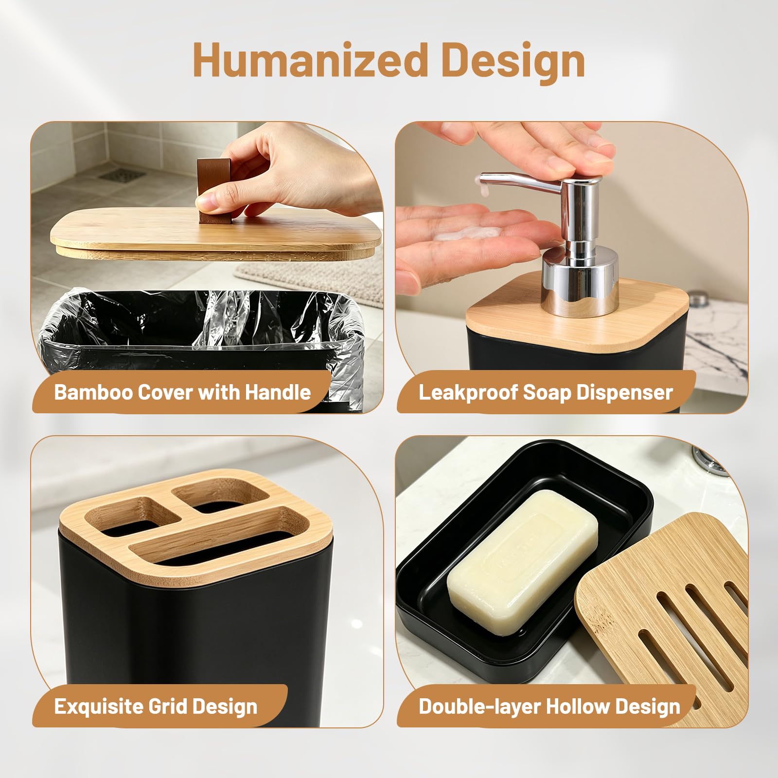 6 teilig Badezimmer Zubehör Set Modern - Badezimmerset Bambus Luxuriösem Kunststoff - Badezimmer Set mit Seifenspender Zahnputzbecher Becher WC Bürste Seifenschale Mülleimer (Schwarz)