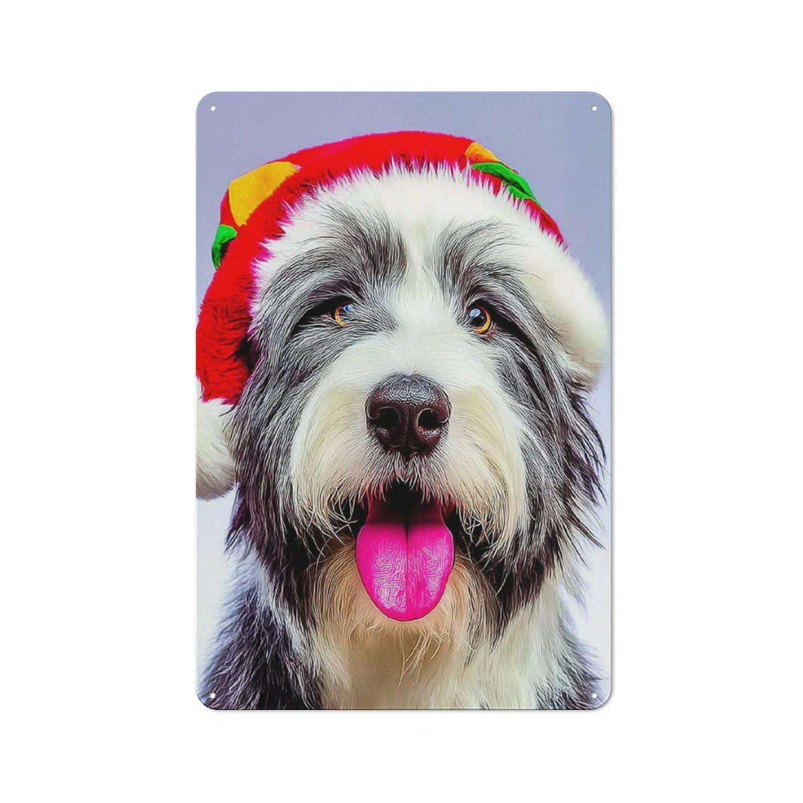 Christmas Pup in Festive Hat Metal Wall Art Sign 30x20cm, Vintage Vintage Wall Decor for Lounge, Study, Pub Or Wall Gallery