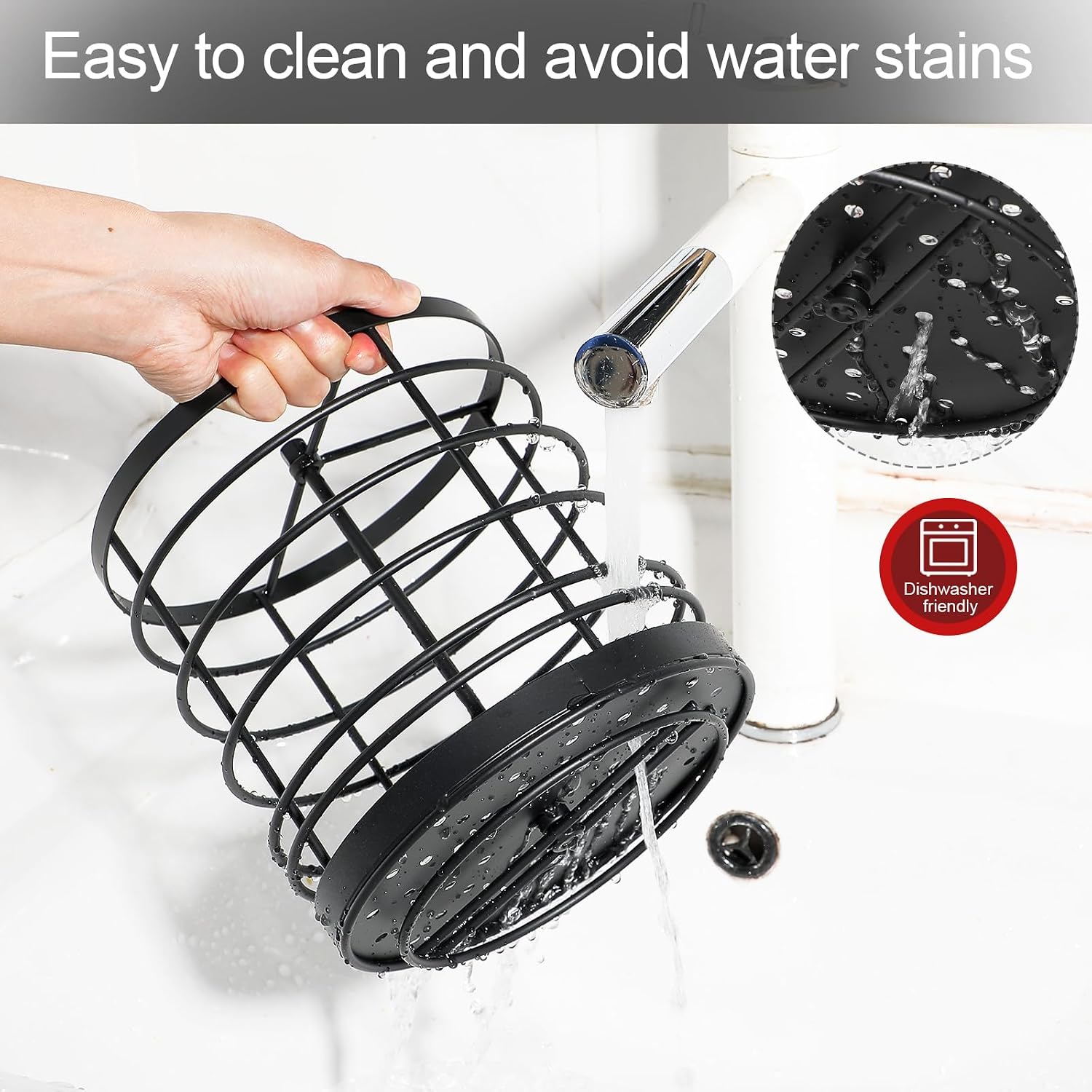 KOLUTI 360° Rotating Kitchen Utensil Holder Organizer, 7.2" x 7" Extra Large Cooking Tool Storage Round Caddy, Weighted Base with Drain Hole, Wire Metal Flatware Crock for Countertop, Paint Black