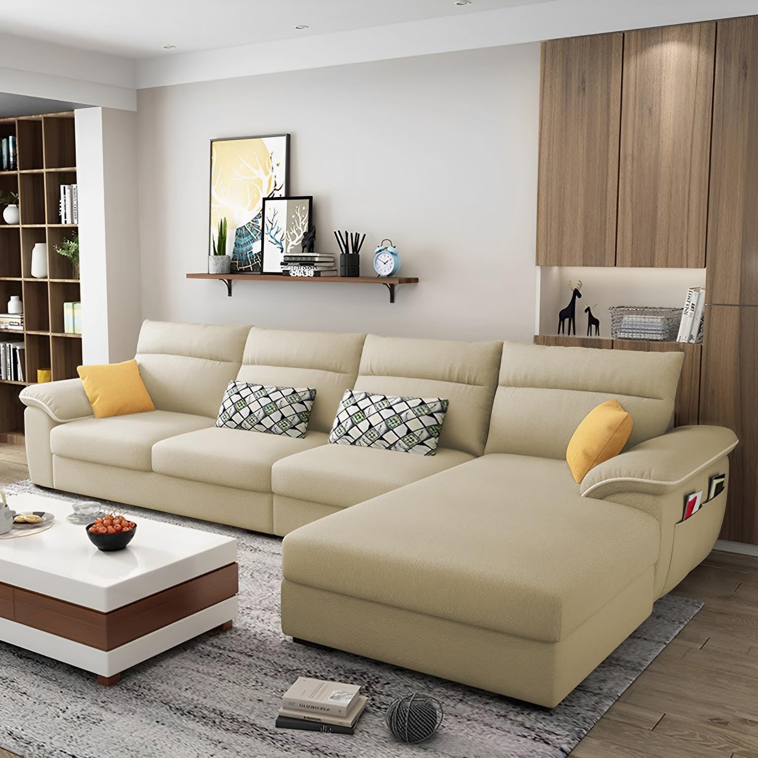 Seams RHS 6 Seater L Shape Sofa Set for Living Room (Cream Colour Fabric) Premium Fabric Sofa Set for Living Room-image-24