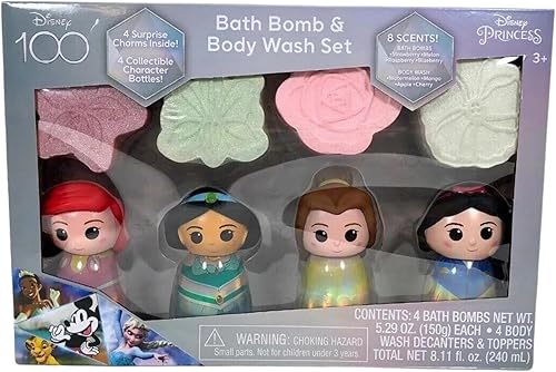 Disney Princess - Juego de bombas de baño y gel de baño, juego de 8 piezas con 4 gel de baño perfumado y 4 bombas de baño, 4 dijes sorpresa y 4