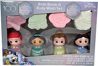 Disney Princess Bath Bomb & Body Wash Set, 8-Piece Set with 4 Scented Body Wash & 4 Bath Bombs, 4 Surprise Charms & 4 Collectible Character Bottles! Make Bath Time Fun! Ages 3+