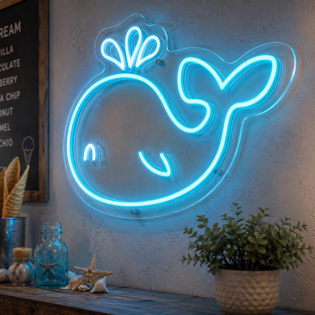 Letrero Ballena de Mar Cartel Luminoso LED Escaparate, Decoración de Pared en Metacrilato, Luz Brillante, aproximadamente 50cm alimentación 12v