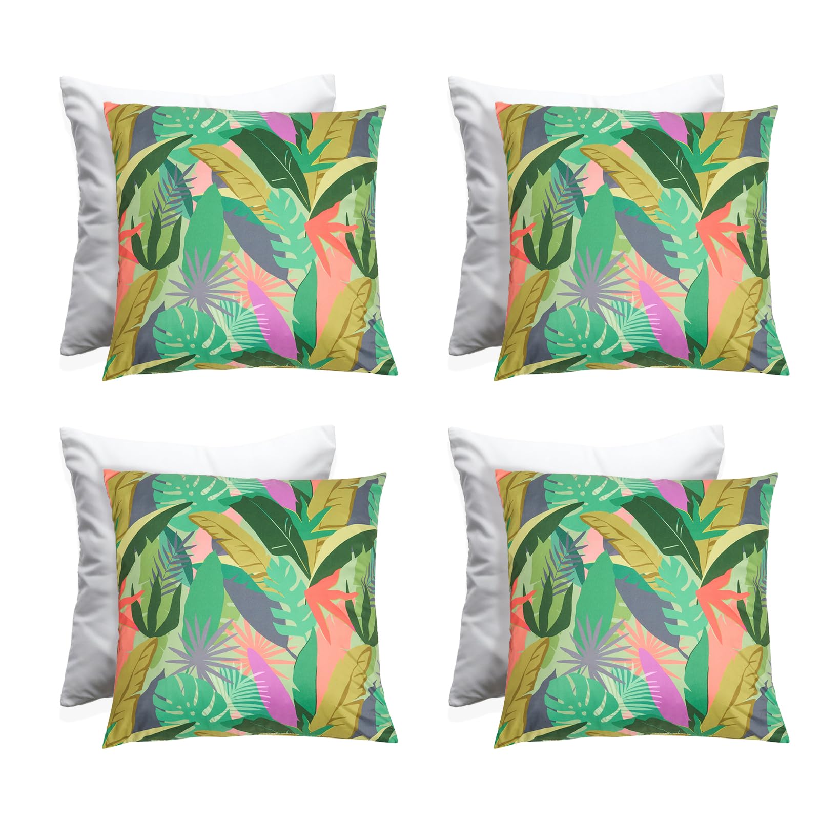OHS Palm Print Cushions with Covers Included 45 x 45cm Set of 4 Outdoor Cushions Waterproof Soft Decorative Patio Garden Bench Cushion Home Decor Outdoor Pillows with Invisible Zipper, Green