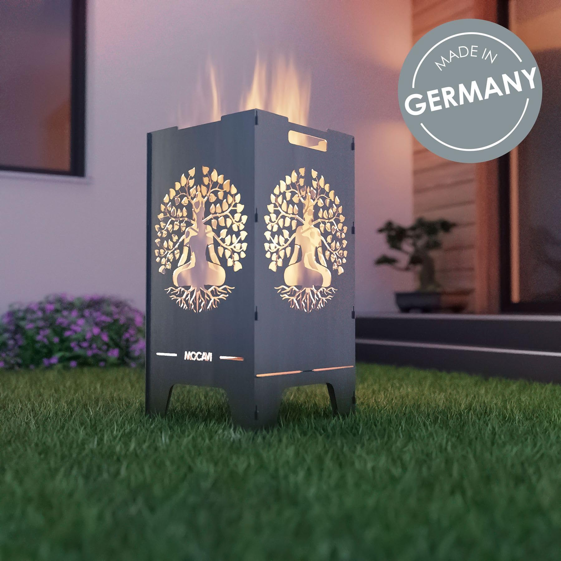 MOCAVI Feuertonne Lebensbaum 73 cm | 3 mm Stahl Feuerschale Feuerkorb massiv robust sicher Design-Brenntonne für Garten und Terrasse groß eckig hohe Feuerstelle Outdoor hitzefest Feuersäule Feuerfass