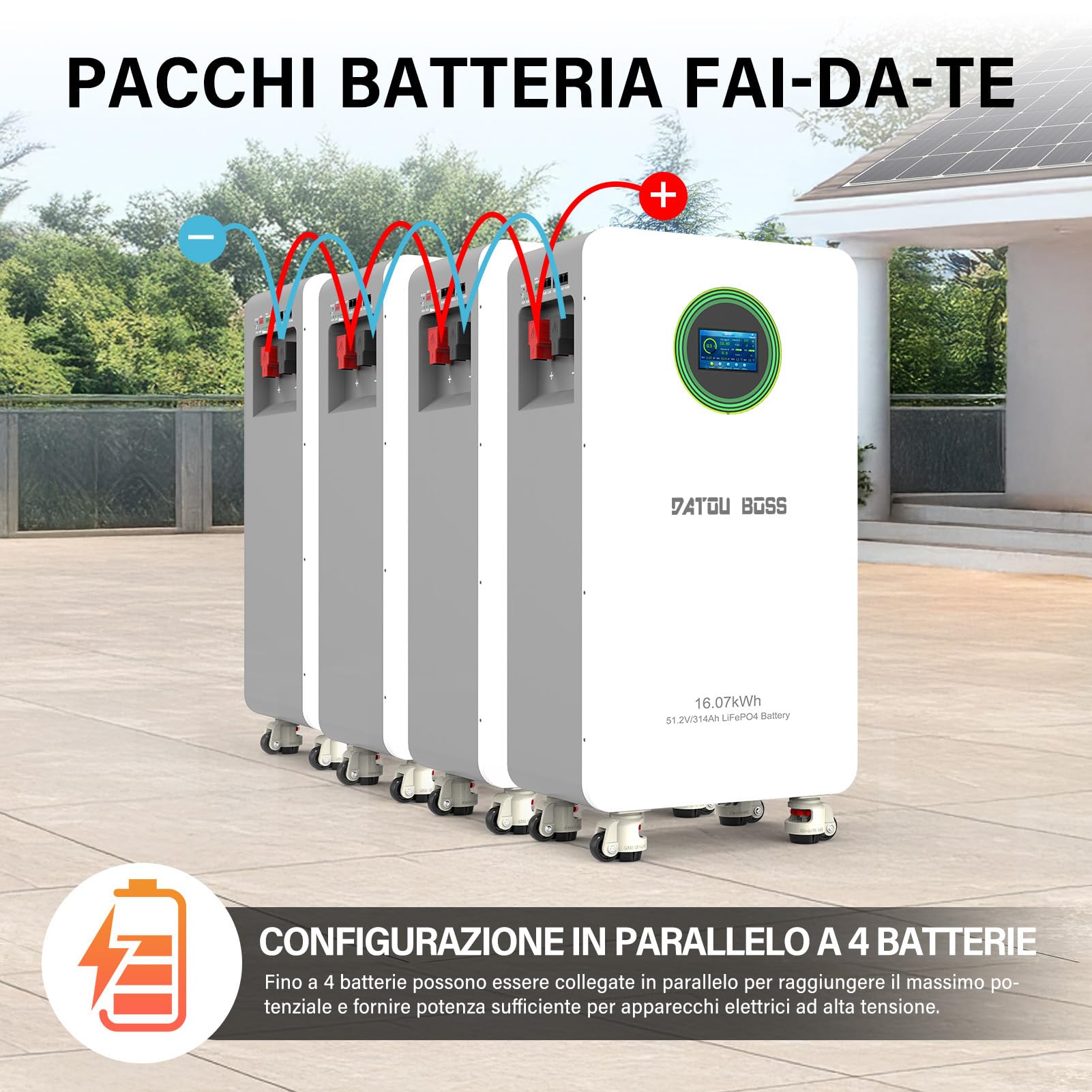 DATOUBOSS Batteria LiFePO4 48V 314Ah 16,07kWh Ciclo Profondo, BMS 200A Integrato Schermo LCD, RS485/CAN, Accumulo Solare per Casa, Impianti Solari, Camper Off-Grid