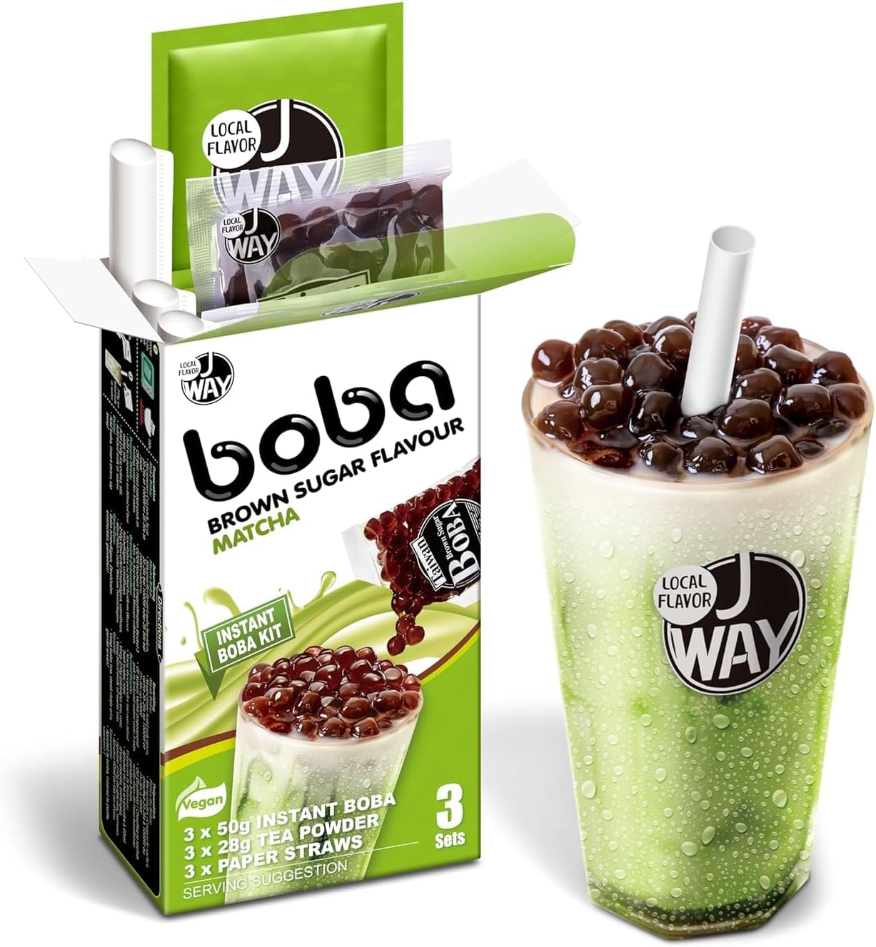 J WAY Instant Boba Bubble Pearl Matcha Milk Tea Kit with Authentic Brown Sugar Tapioca Boba, Ready in Under One Minute, Paper Straws Included - 3 Servings