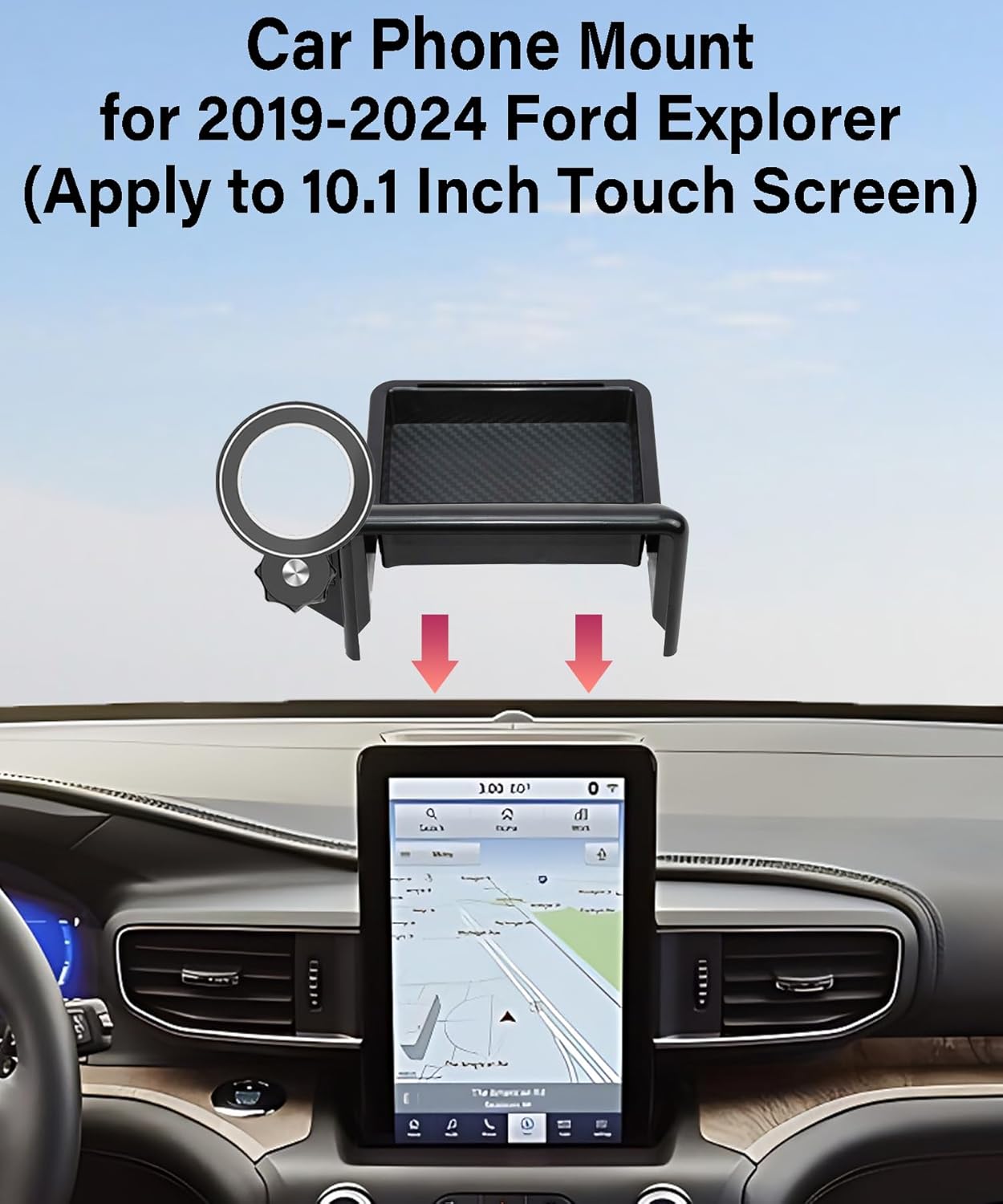 Car Phone Holder for 2019 2020 2021 2022 2023 2024 Ford Explorer Accessories Apply to 10.1 in Screen Fixed Clip Magnetic Cell Phone Mount 360 Degree Rotation with Dashboard Storage Tray
