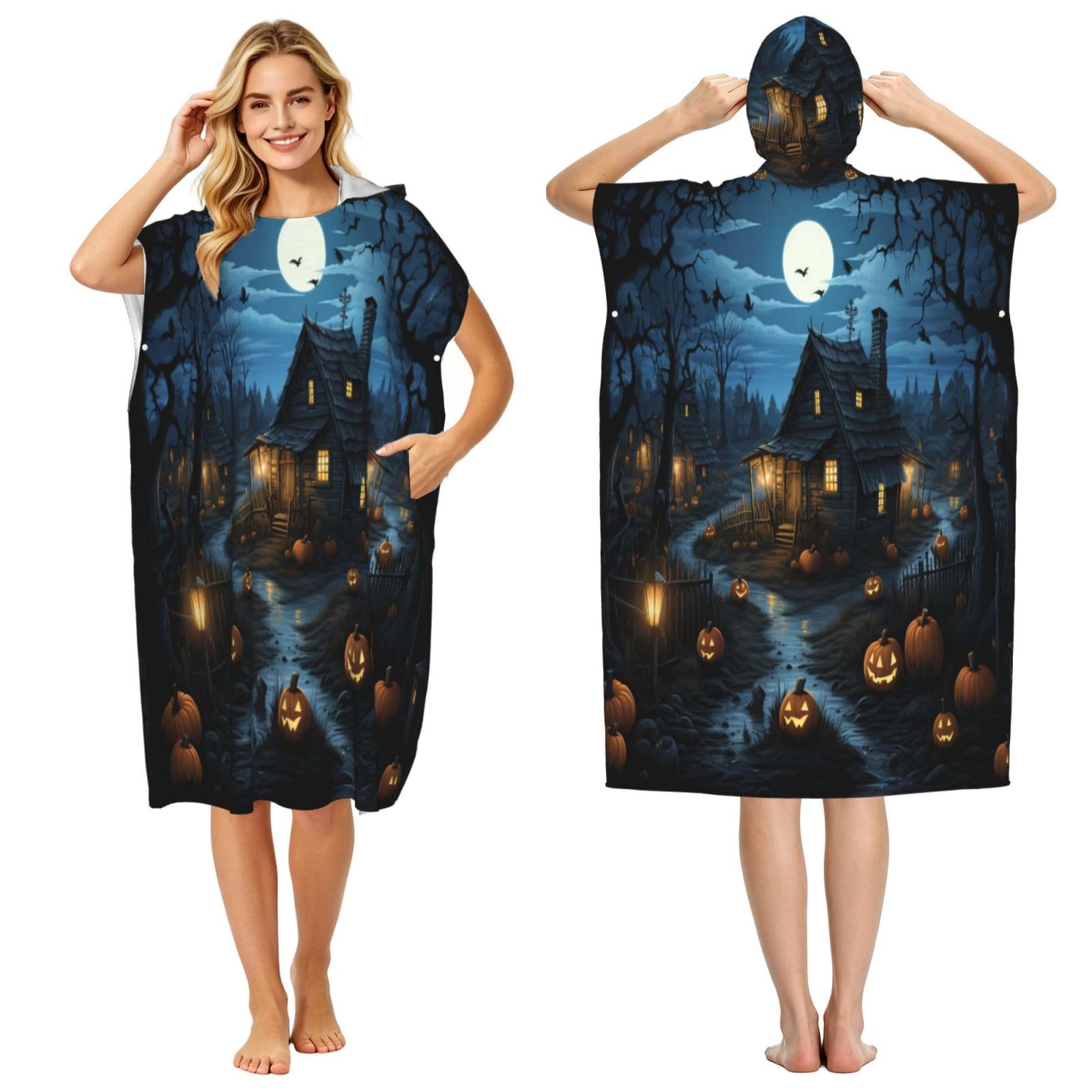 KLGRTJHK Halloween Village Adult Hooded Beach Poncho Towel 43"X35"