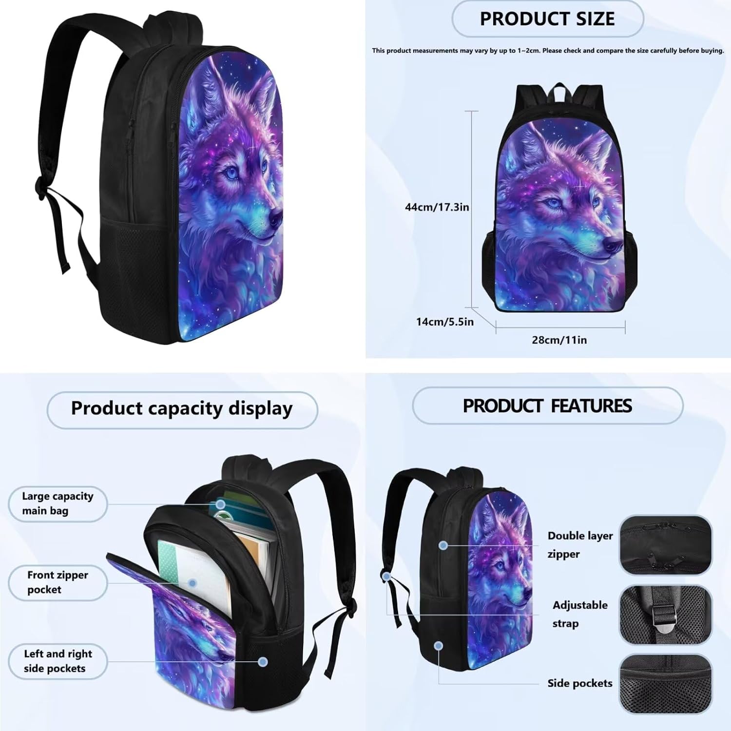Galaxy Wolf Backpack for Girls Kids Backpack with Lunch Box and Soft Pencil Pouch 3PCS Set 17 inch Large Bookbag for School Lightweight School Bag with Side Pocket Casual Daypack Backpacks